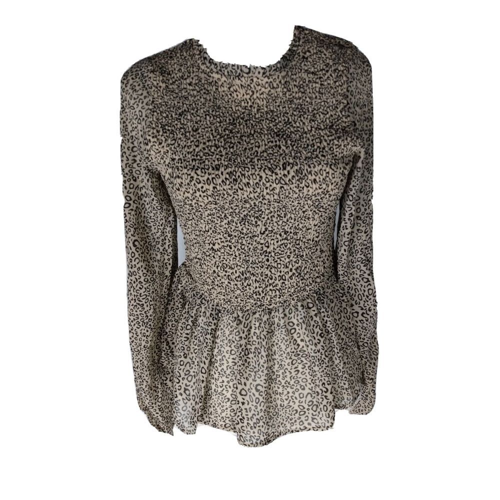 ENTRO WOMEN'S SMOCKED PEPLUM SIZE - S‎ LONG SLEEVE BLOUSE TOP Tan Black Stretchy
